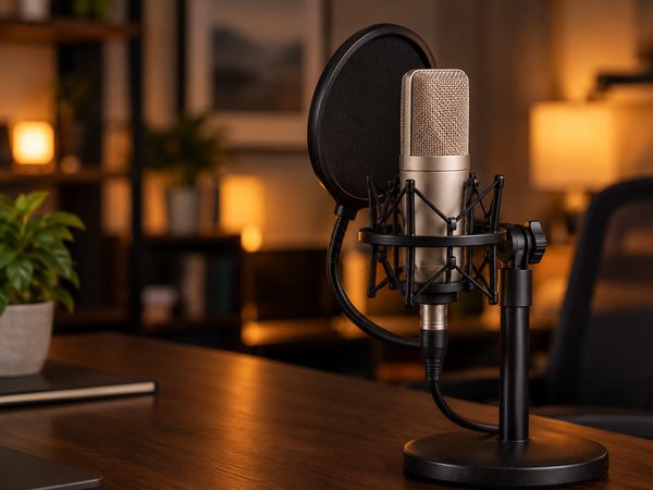 Studio microphone in warm light